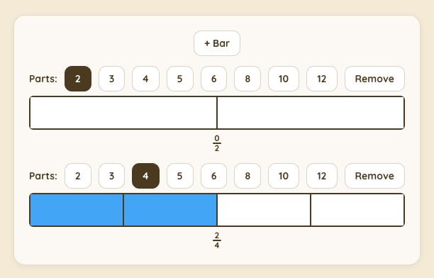 The in-app fraction bars tool comparing halves and fourths
